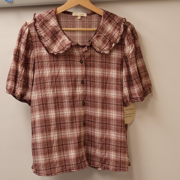 Eden & Olivia Ivory/Berry Plaid Button-Up Blouse With Ruffle Collar - Size L - Picture 7 of 14